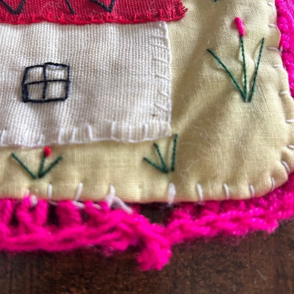Vintage Handmade Peruvian Arpillera Folk Art Wall Hanging 3D Llama Village Fruit